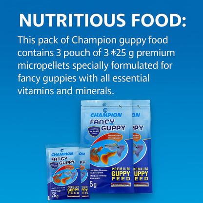 PetzLifeWorld Champion Guppy Food - 25g Pack of 3 | Premium Micropellet Fish Feed for Guppies | Semi-Floating, Protein-Rich Granules for Growth & Color