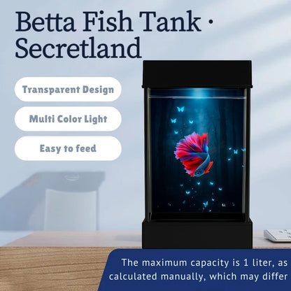 PetzLifeWorld Transparent Narrow Acyrlic Betta Fish Tank (Black,WHITE) with Multi Color Changing USB LED Light | Easy to Clean and Maintain | Mini Portable Fish Tank (1 Liter Capacity)
