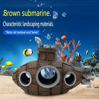 PetzLifeWorld Vintage Resin Submarine Wreck Aquarium Decoration – Rustic Sunken Ship Decor with Realistic Textures & Multiple Openings for Fish Hiding, Durable Non-Toxic Resin