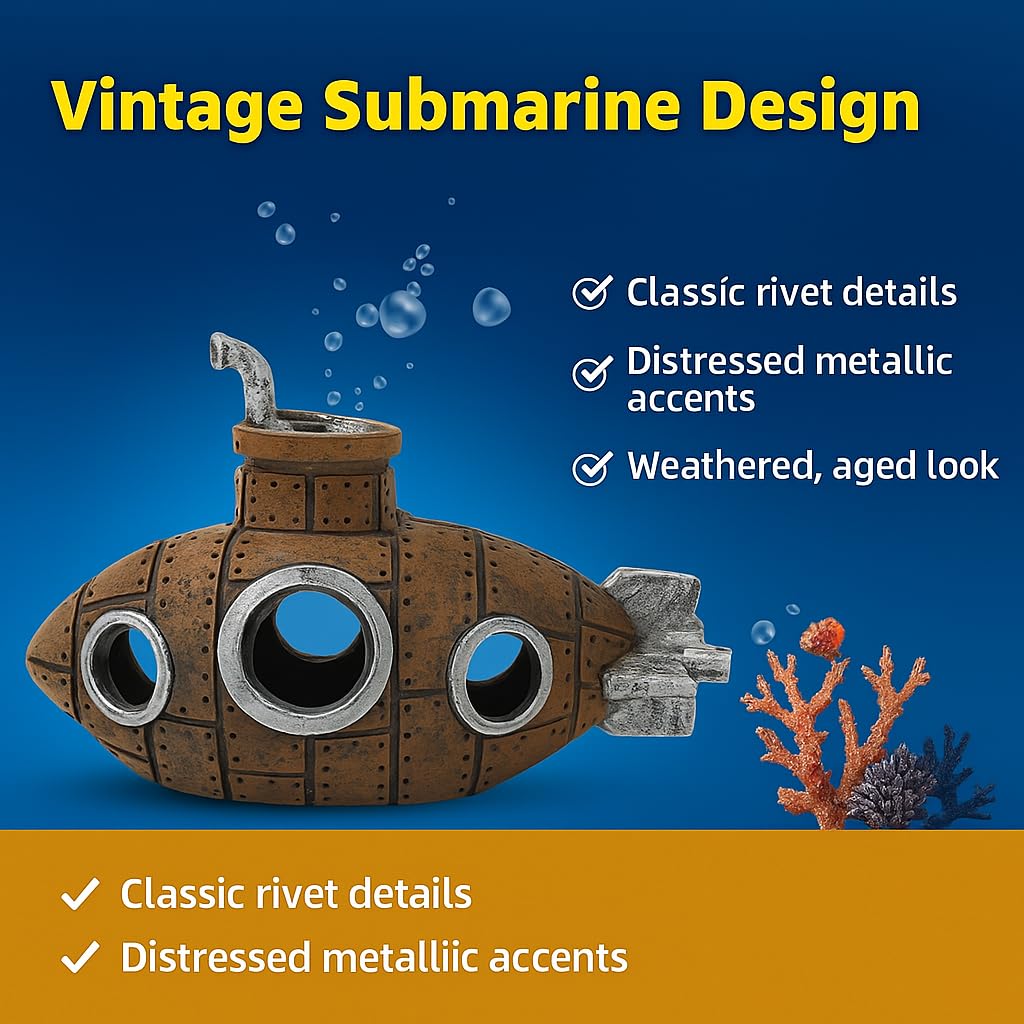 PetzLifeWorld Vintage Resin Submarine Wreck Aquarium Decoration – Rustic Sunken Ship Decor with Realistic Textures & Multiple Openings for Fish Hiding, Durable Non-Toxic Resin