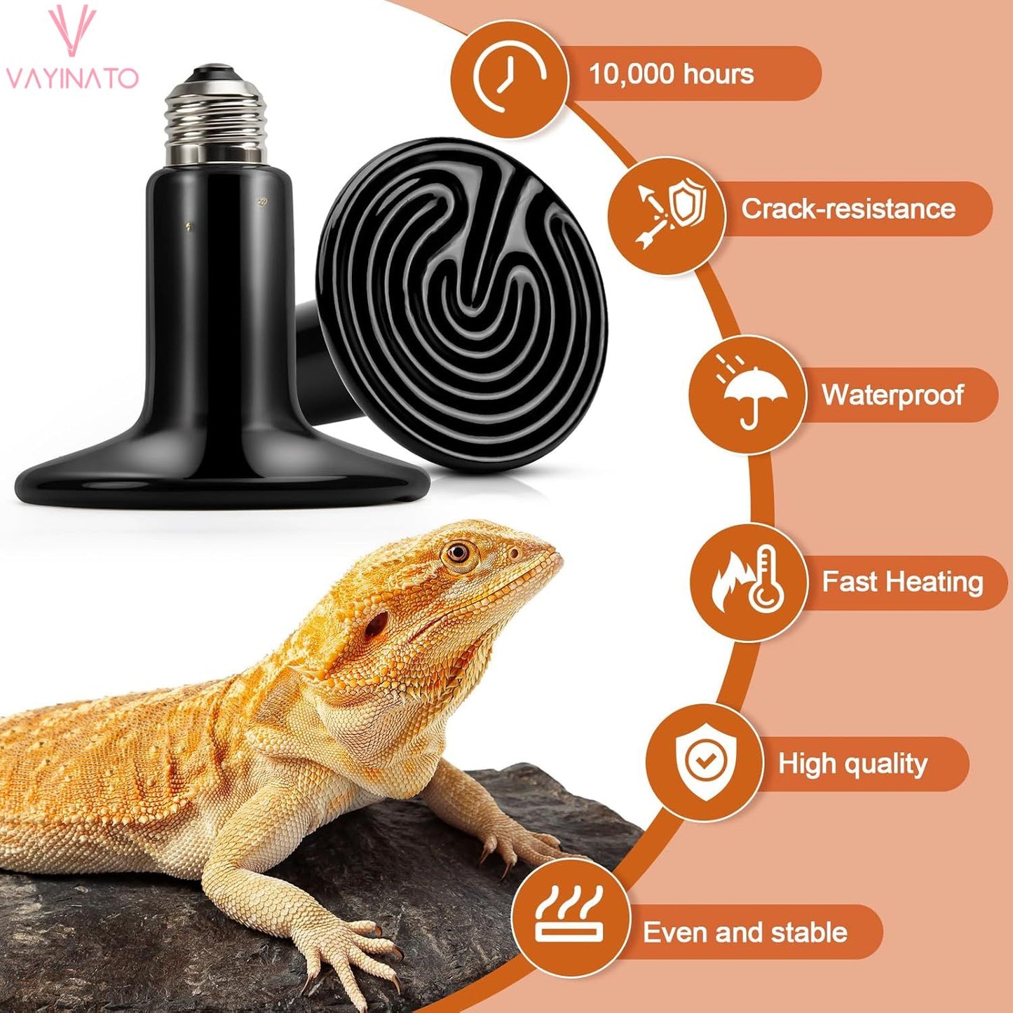 Petzlifeworld Infrared Ceramic Heat Emitter Reptile Heat Lamp with Black Holder