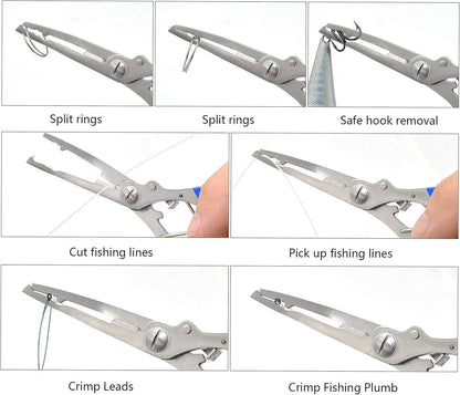 PetzLifeWorld Long Nose Fishing Pliers with Knife & Protective Cover – Rust-Resistant Multi-Tool for Hook Removal, Line Cutting, Split Ring – Stainless Steel Pliers for Saltwater/Freshwater Use