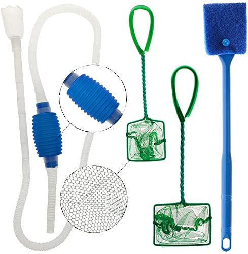 PetzLifeworld Aquarium Fish Tank Cleaning Combo Syphon + Algae Cleaning Sponge Brush + Green Fish Net 4 Inch ( 3 Piece Combo )