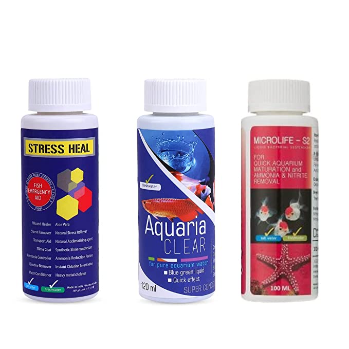 Aquatic Remedies Aquarium Fish Tank Must Have Starter Combo  (Stress Heal + Aquaria Clear + MicroLife S2) 3 * 100 ML - 3 Pcs Combo Starter Pack
