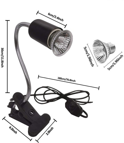 PetzLifeworld 50W Black Reptile Heat Lamp Turtle Lights with Clip, UVA UVB Bulbs Aquarium Basking Lamp Adjustable Holder and Intensity Suitable for Birds During Winter and Reptiles