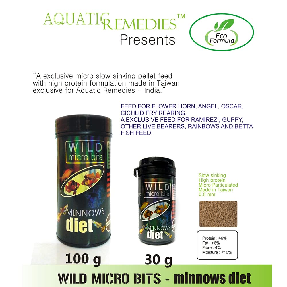 Aquatic Remedies Minnows Diet - 0.6 mm Slow Sinking Granules | Feed for Ramirezy, Corydoras, Small Rainbows, Tetras, Bettas and Guppies (Medium (100G))