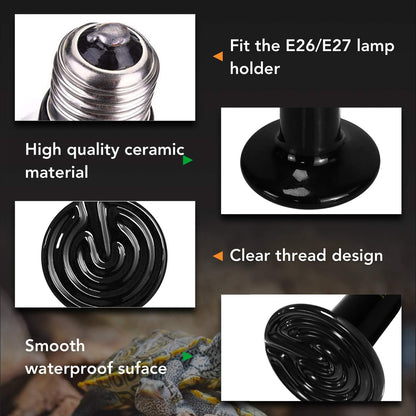 YEE Infrared Ceramic Heat Emitter Reptile Heat Lamp for Pet Lizard Turtle Aquarium Snake, No Harm No Light, Black