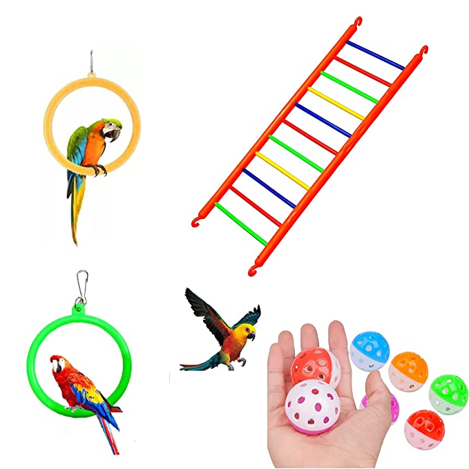 Petzlifeworld Bird Cage Hanging Ring Swing Toy (2 Pcs) + Plastic Climb Lader Toy (1 Pcs) + Bell Ball Toy (2 Pcs) Combo for Cockatiel, Love Bird, Budgie, Finches, Macaws, Conures, Sparrow, etc.