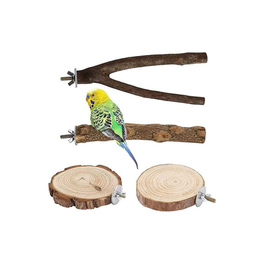 PetzLifeworld 4 Pcs Natural Wooden Stand Perches for Parakeets Cockatiels Conures Macaws Finches Love Birds ( 2 Pcs Round, 1 Straight and 1 Branches)