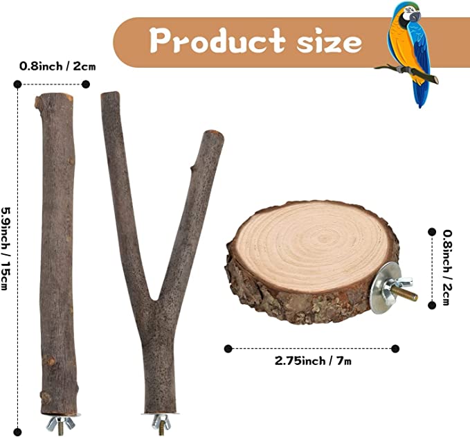 PetzLifeworld 4 Pcs Natural Wooden Stand Perches for Parakeets Cockatiels Conures Macaws Finches Love Birds ( 2 Pcs Round, 1 Straight and 1 Branches)