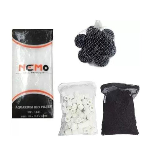 Petzlifeworld Aquarium Filter Media with Sponge Combo (Ceramic Ring 500G, Activated Carbon 500G, 25 Bio Balls & 3 Feet Nemo Sponge)